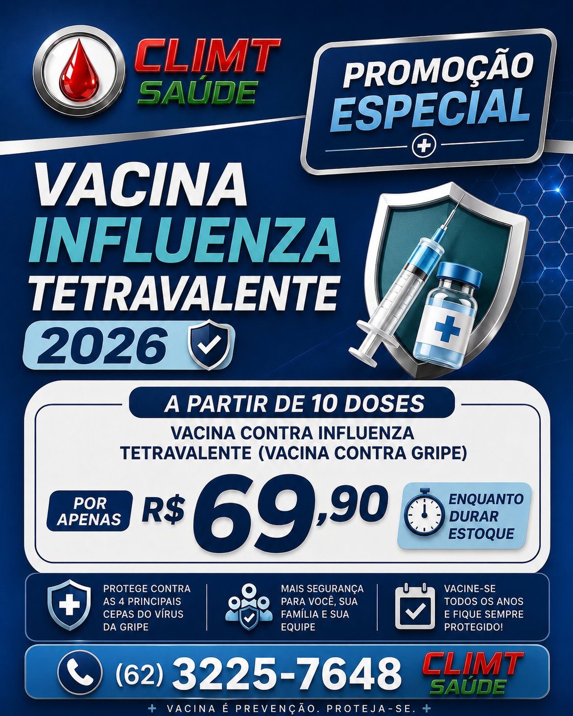 Promoção especial CLIMT Saúde: vacina influenza tetravalente 2026 a partir de 10 doses por R$ 69,90