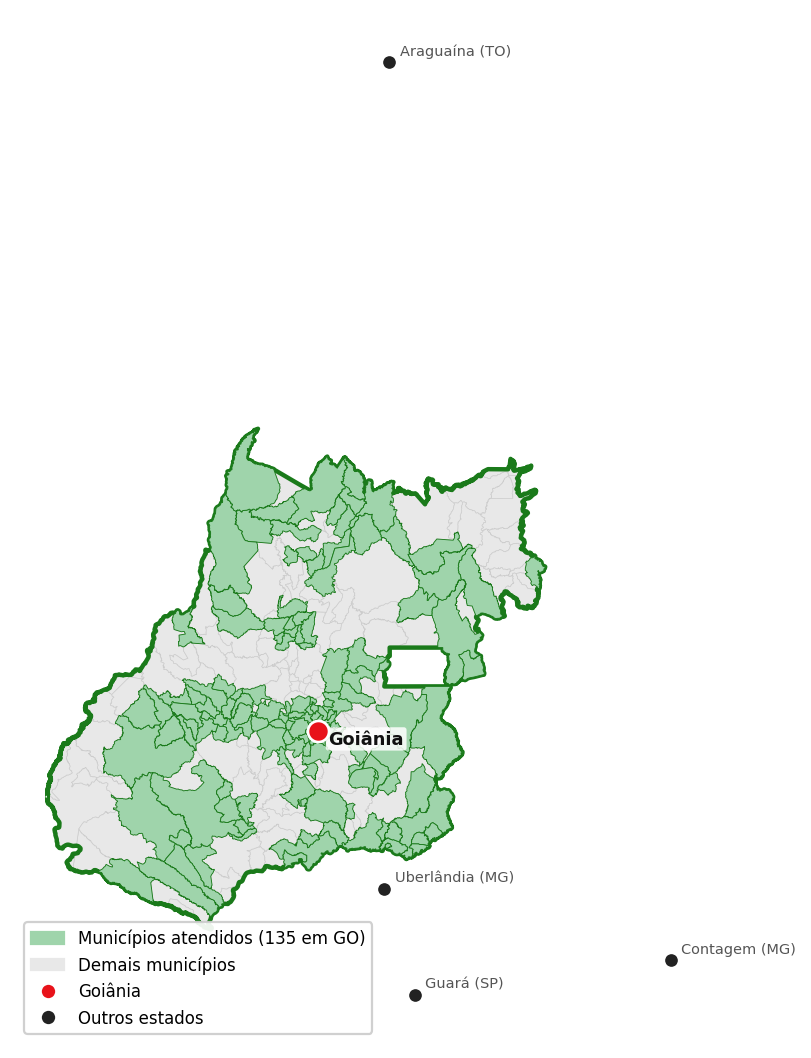 Mapa de Goiás com municípios atendidos pela CLIMT