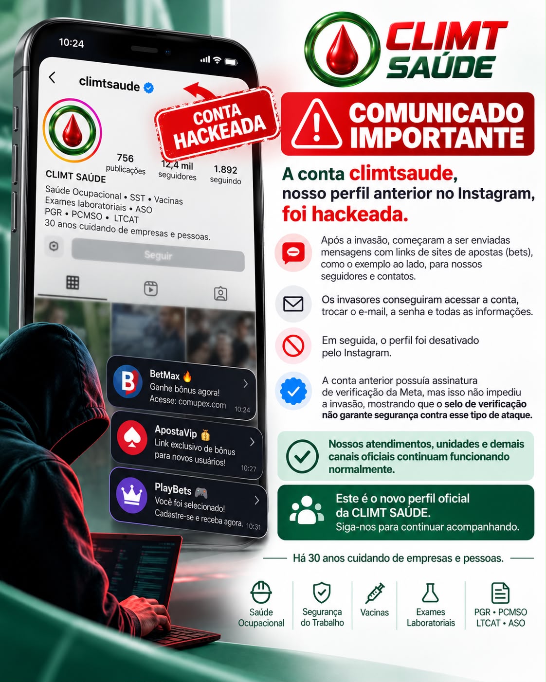 Comunicado importante da CLIMT Saúde: o antigo perfil climtsaude no Instagram foi hackeado e enviou mensagens com links de apostas. O perfil foi desativado. Nossos atendimentos, unidades e demais canais oficiais continuam funcionando normalmente.